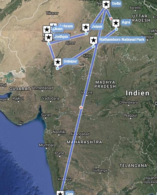 Reiseverlaufskarte zu Erlebnisreise Rajasthan mit Goa Strandresort und Taj Mahal