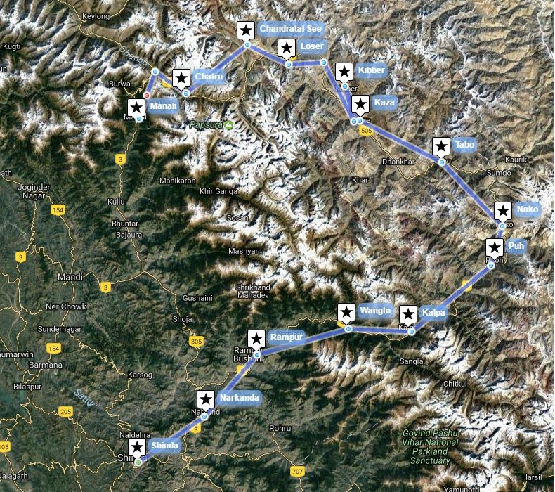 Reiseverlaufskarte zu Große Himalaya Rundtour durch die Täler Spiti und Kinnour