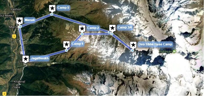 Reiseverlaufskarte zu Zum Basecamp des Deo Tibba’s