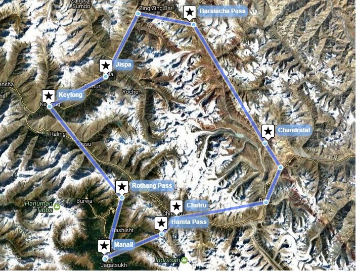 Reiseverlaufskarte zu Trekkingtour von Manali zum Baralacha Pass (4880 m)