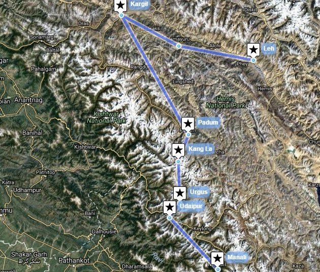 Reiseverlaufskarte zu Trek über den Kang La Pass 5450 Meter
