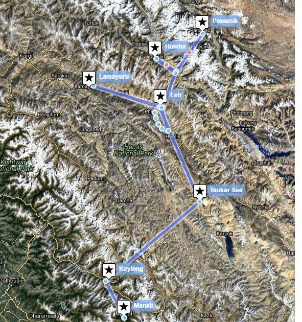 Reiseverlaufskarte zu Erlebnistour auf den höchsten Straßen Indiens mit Trekkingtour durch das Markha Tal