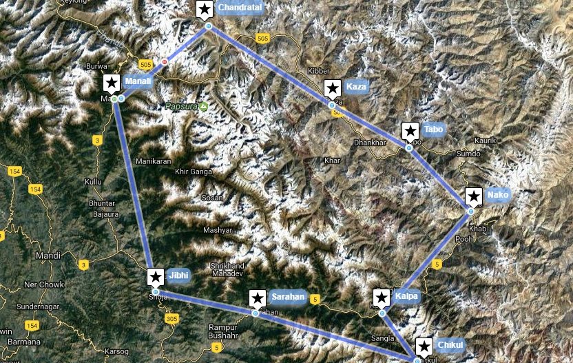 Reiseverlaufskarte zu Motorrad-Rundtour durch die buddhistischen Täler Kinnour und Spiti