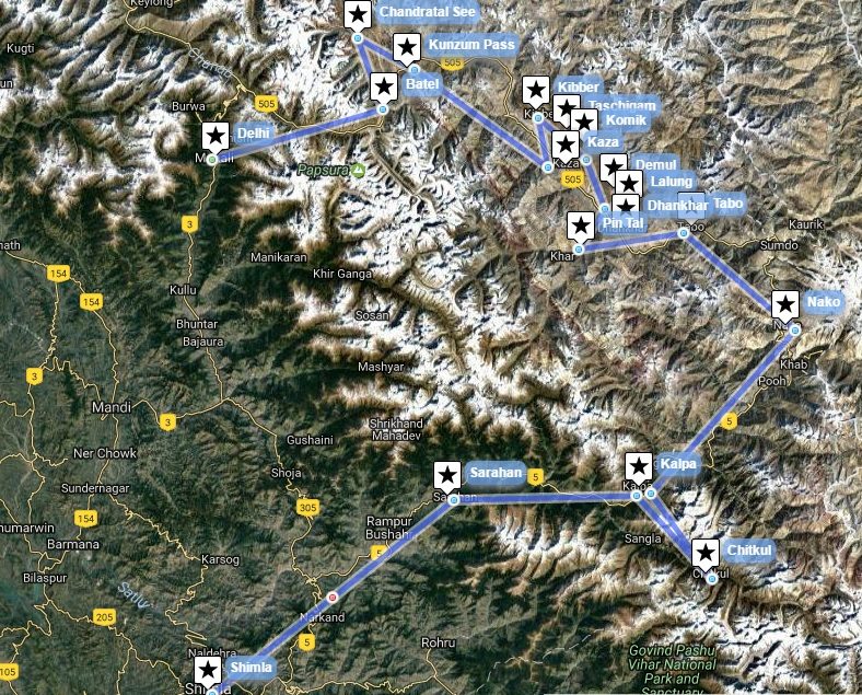 Reiseverlaufskarte zu Trekking und Erlebnistour in den buddhistischen Tälern Spiti und Kinnour
