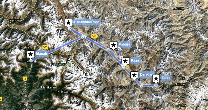 Reiseverlaufskarte zu Jeep-Tour in das Spiti Tal