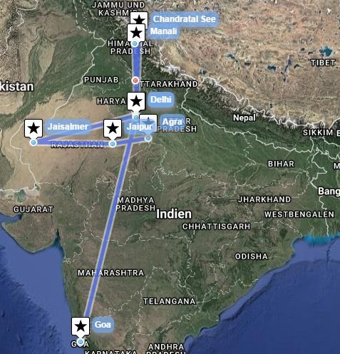 Reiseverlaufskarte zu Aktiv Indien Erleben im August-September