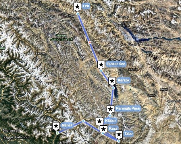 Reiseverlaufskarte zu Vom Dorf Kibber zum Tsokar See Trek