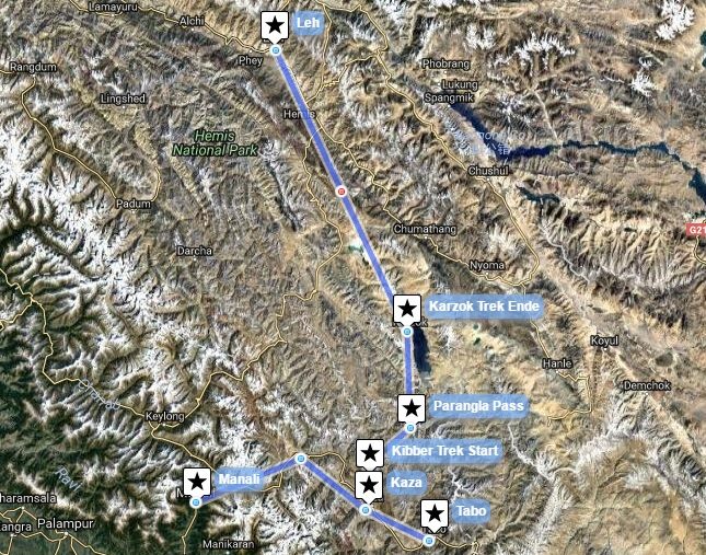 Reiseverlaufskarte zu Kibber- Tsomiriri SeeTrek- von Spiti nach Ladakh!