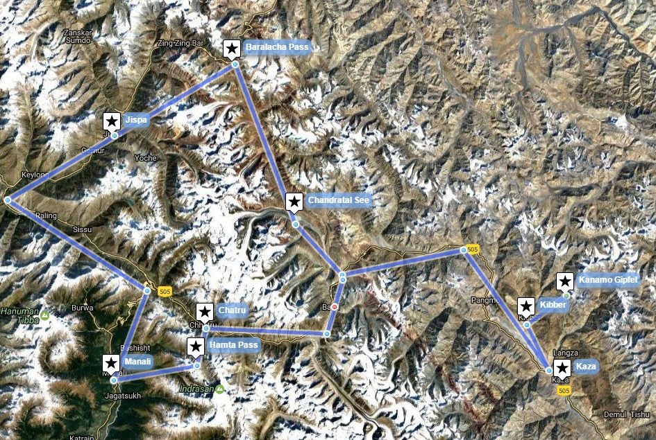Reiseverlaufskarte zu Drei Täler Trek mit Besteigung des Trekking Gipfels Kanamo (5964 m)