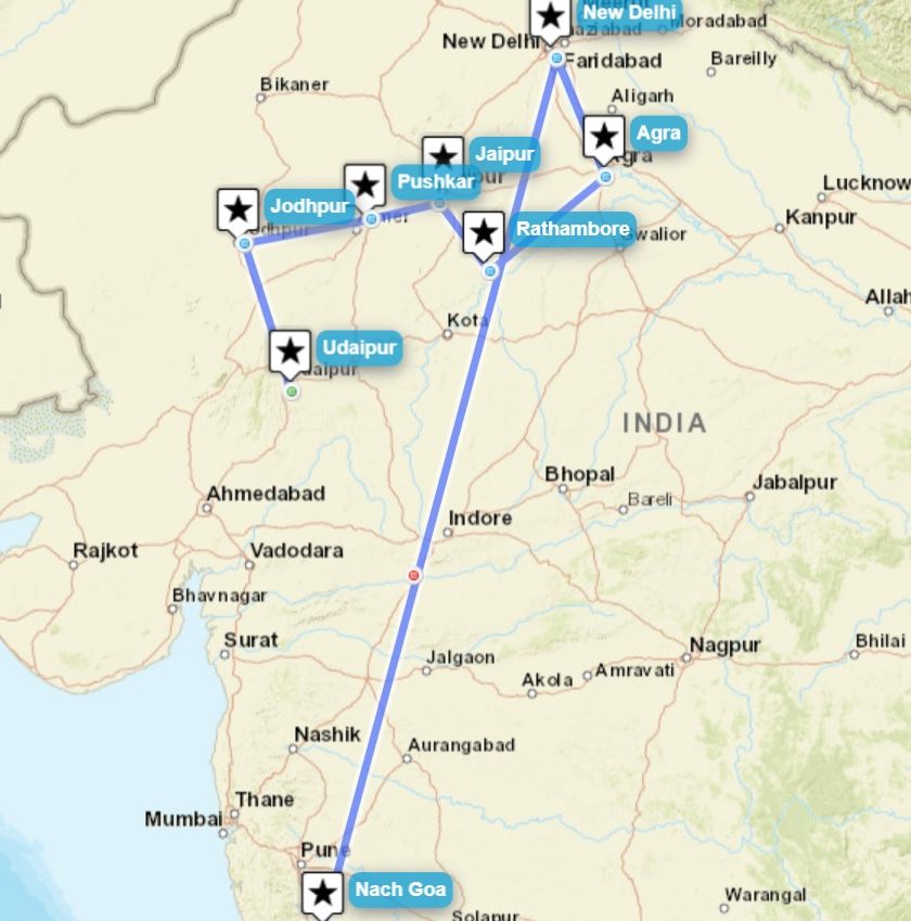Reiseverlaufskarte zu Rajastan Multi-Aktiv Reise „AUF DEN SPUREN DER MAHARADSCHAS“ mit Strandtagen in Goa