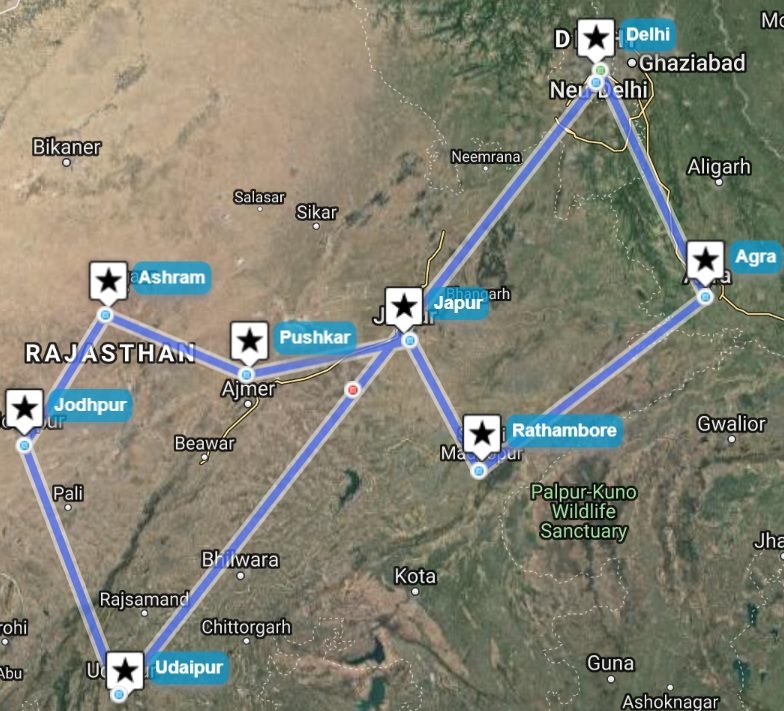 Reiseverlaufskarte zu Rajastan Multi-Aktiv Reise „AUF DEN SPUREN DER MAHARADSCHAS“