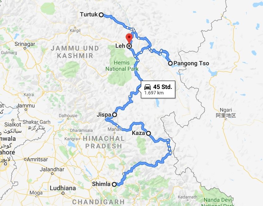 Reiseverlaufskarte zu Trans-Himalaya Motorrad Tour