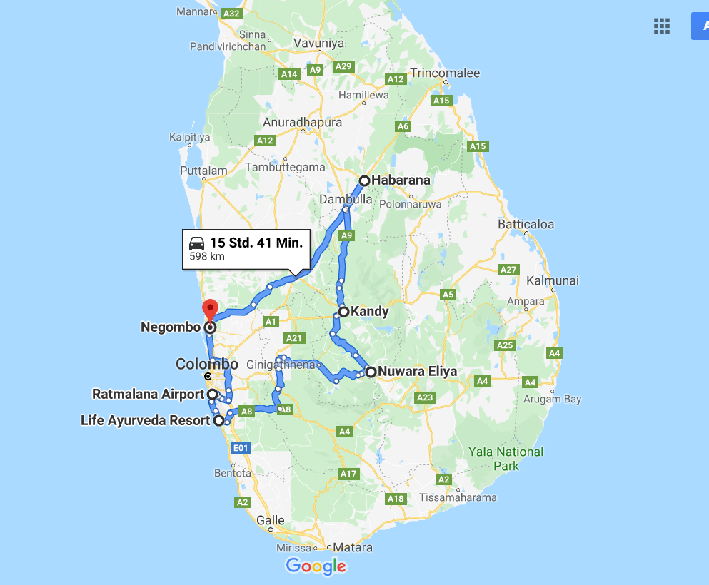 Reiseverlaufskarte zu zweiwöchige Yoga Ayurveda Reise in Sri Lanka