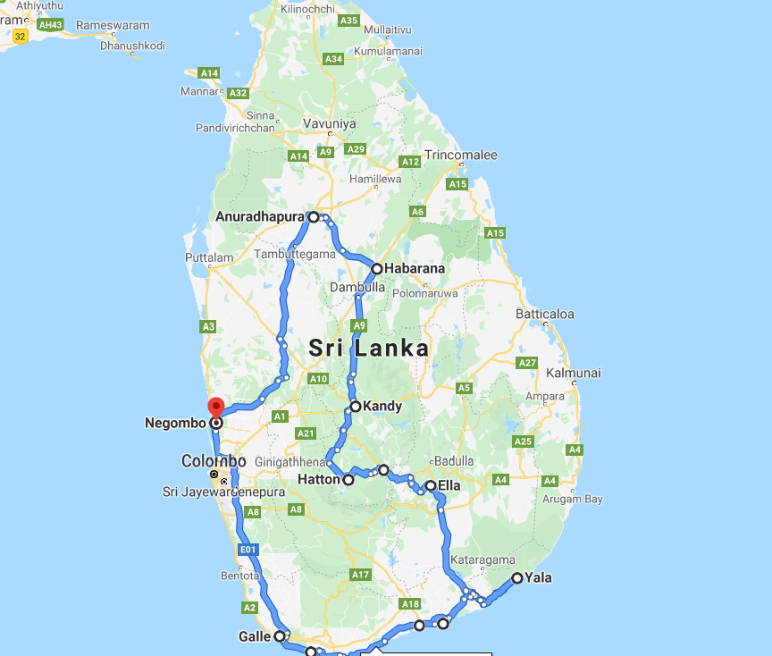 Reiseverlaufskarte zu Private Sri Lanka Reise in den Monaten November bis April
